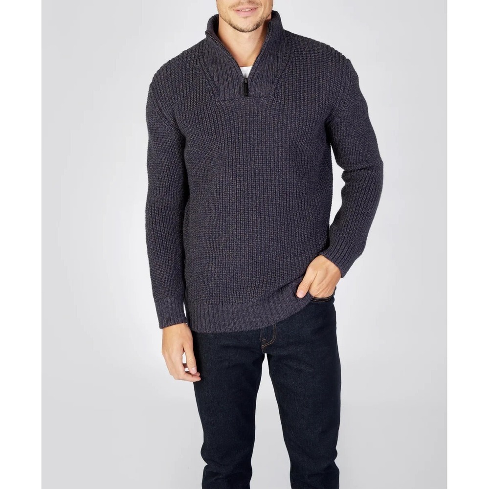 Irelands Eye Reefer Zip Sweater L Navy‎ Wool Fisherman Knit Classic